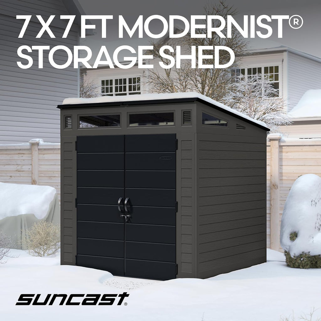 Suncast Modern Outdoor Storage Shed, 200 cu. ft. Peppercorn Resin Shed for Lawn Mower, Bikes, Utility Tools, Patio, & Yard. Weatherproof & Lockable Modern Sheds & Outdoor Storage, Made in USA