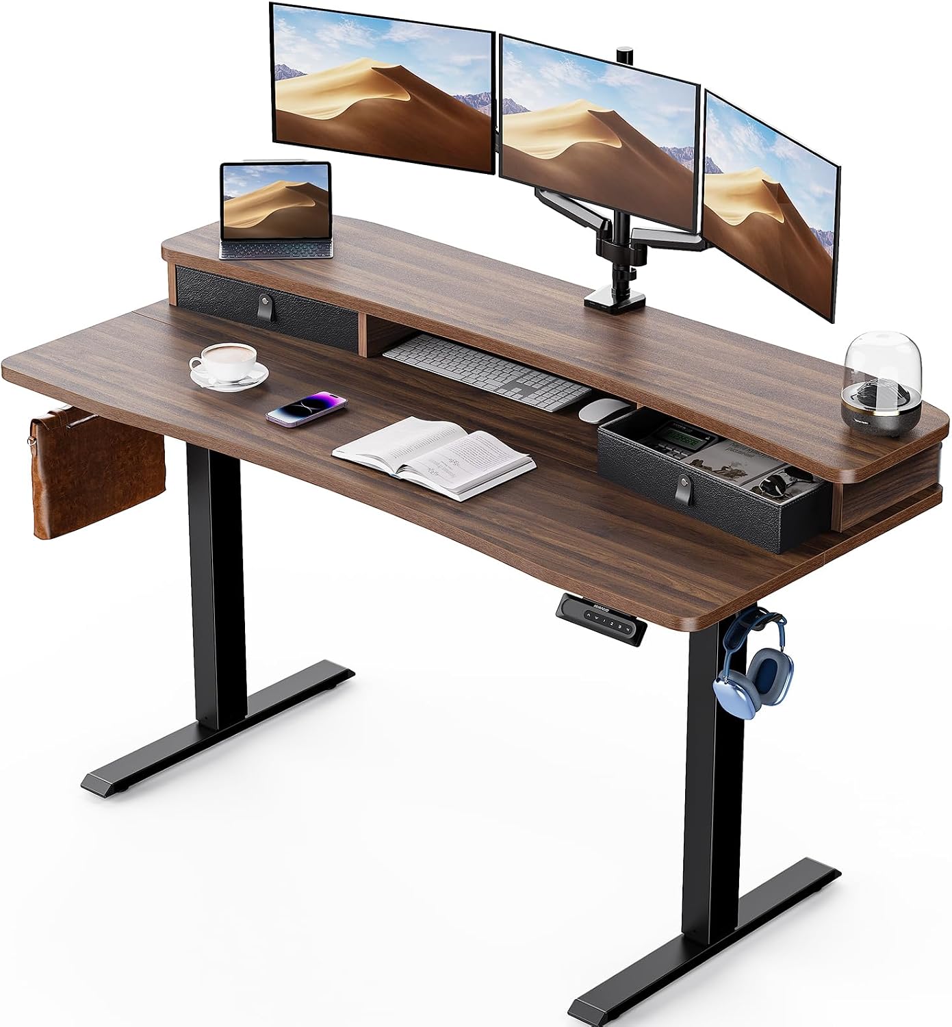 HUANUO 60″ x 30″ Electric Standing Desk with 2 Drawers, C-Clamp Mount Compatible, Height Adjustable Computer Desk, Home Office Stand Up Desk with 4 Preset Heights & 2 Hooks, Walnut