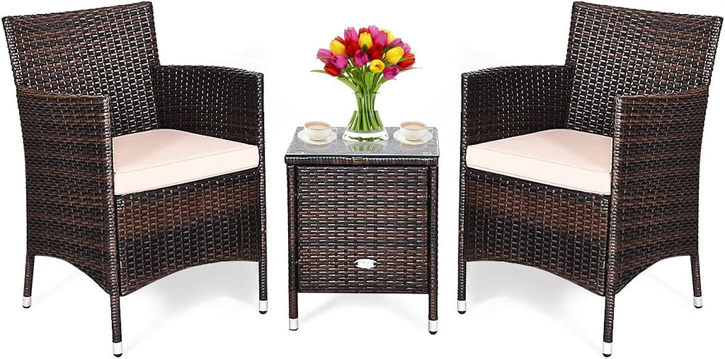 COSTWAY 3 PCS Patio Furniture Set, Outdoor Wicker Conversation Set with Tempered Glass Coffee Table, Seat Cushions, Rattan Wicker Chairs for Poolside Balcony Porch Backyard, Beige