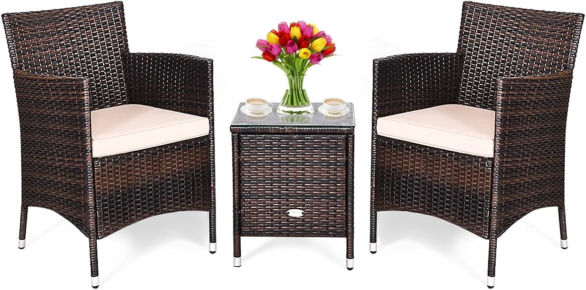 COSTWAY 3 PCS Patio Furniture Set, Outdoor Wicker Conversation Set with Tempered Glass Coffee Table, Seat Cushions, Rattan Wicker Chairs for Poolside Balcony Porch Backyard, Beige