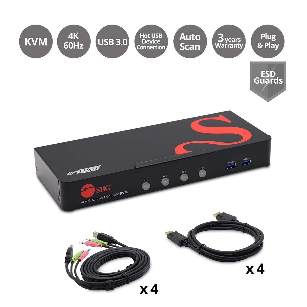 SIIG 4K DisplayPort 4-Port KVM Switch with Audio and Microphone, DP 1.2 4K60, USB 3.0 x4, USB 2.0 x2, Cables Included, Hotkey Control, TAA Compliant, ESD Protection, Metal housing (CE-DP0G11-S1)