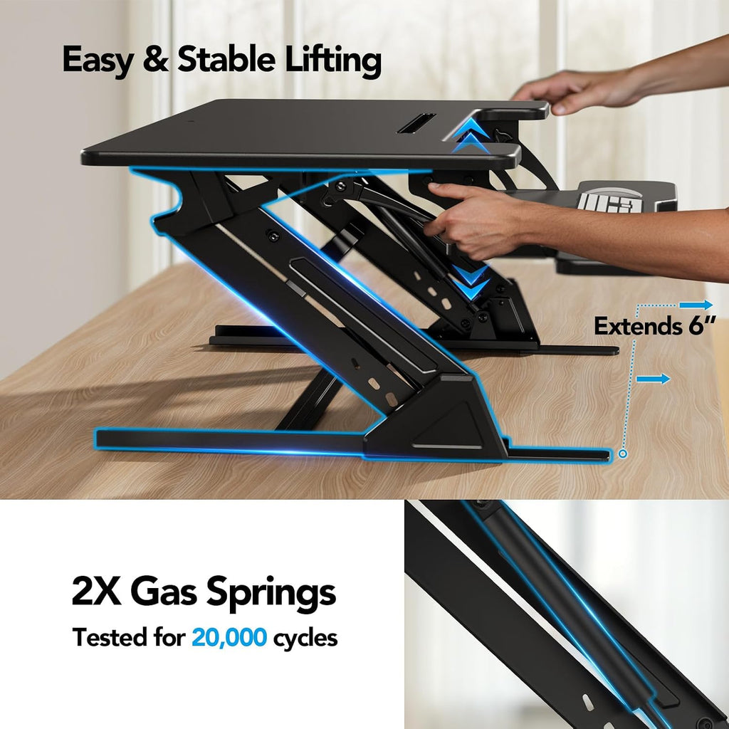 HUANUO 32' Z Shaped Stable Standing Desk Converter, Height Adjustable Sit Stand Up Desk Riser, Dual Monitor and Laptop Workstation with Wide Keyboard Tray, Desk Lifter for Home Office