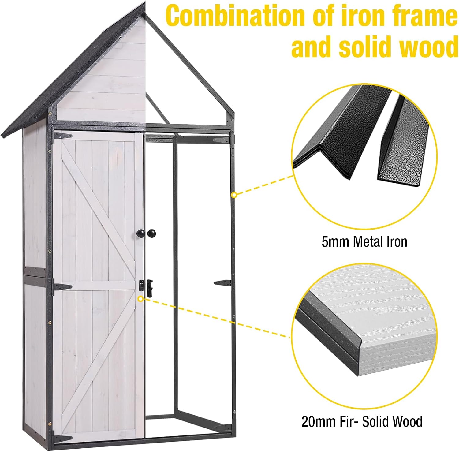 Outdoor Storage Shed,Vertical Wooden Tool Shed with Waterproof Roof,Adjustable 3 Tiers Shelves,Storage Tool Cabinet Box with Metal Frame Sloped Roof for Backyard Garden Patio Lawn (Off White)