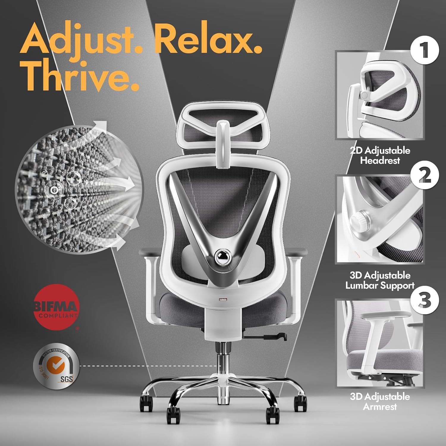 HOLLUDLE Ergonomic Mesh Office Chair - 3D Adjustable Lumbar Support & 3D Armrests, V-Shaped Back, Adjustable Desk Chair for Office & Home, White