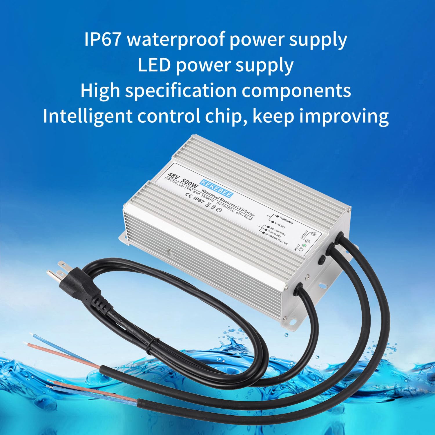 LED Driver 48V 500W Waterproof Power Supply AC90-130V to DC48V10.4A Low Voltage Transformer IP67 Switching Power Supply Suitable for Indoor and Outdoor LED Lighting and Any 48V DC Equipment