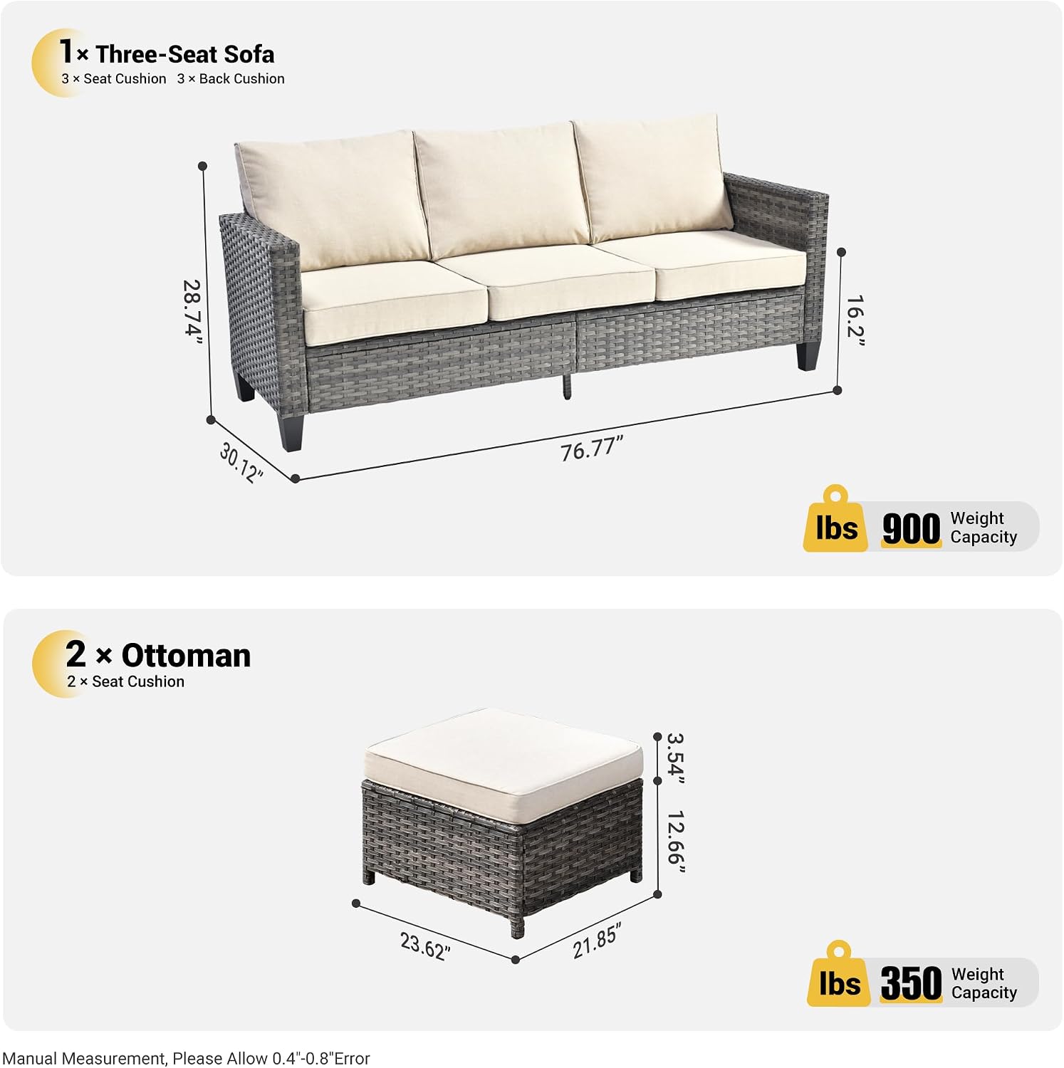 ovios Patio Sofa 3 Pieces Patio Furniture Set Outdoor Wicker Sofa Couch with Ottomans Thick Cushions, All Weather Rattan Conversation Set for Porch Backyard Deck, Beige