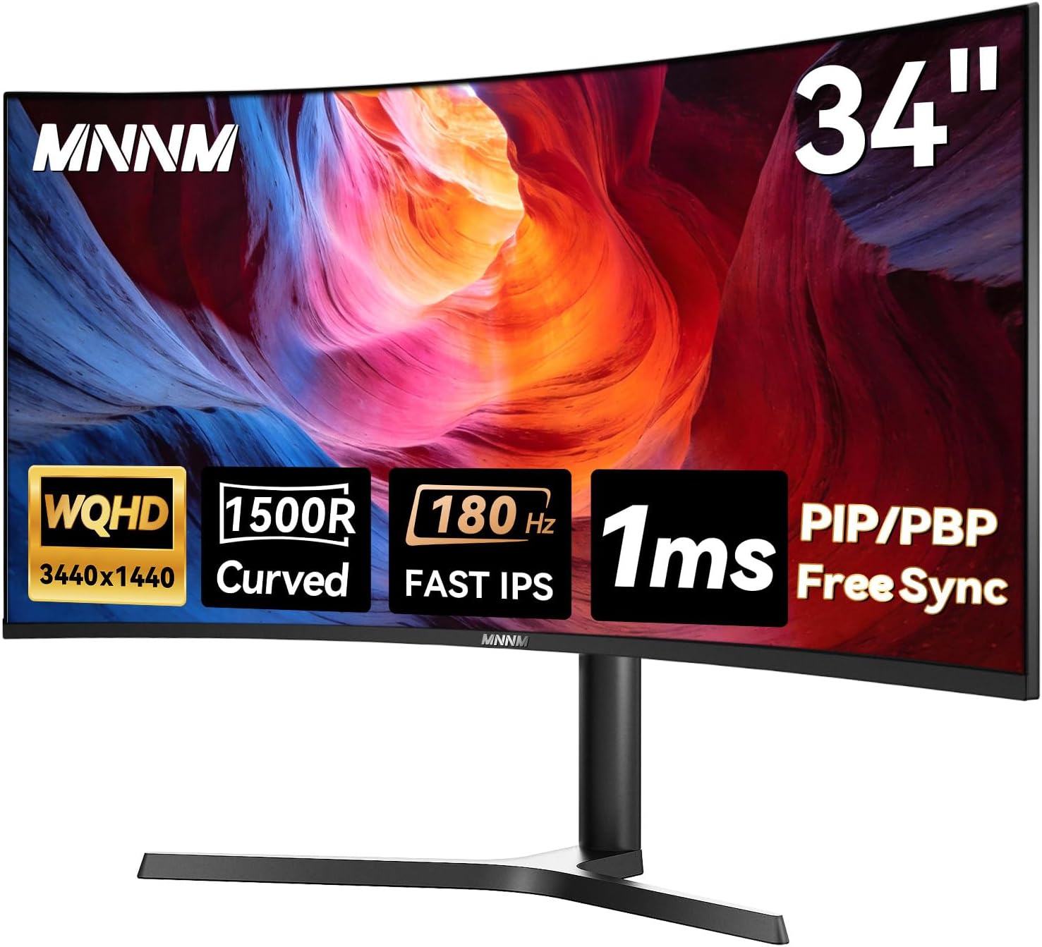 34 Inch Ultrawide Gaming Monitor - 21:9 WQHD 3440 x 1440 R1500 Curved Computer Monitor for Gamer, 180Hz,1ms, AMD FreeSync, PIP/PBP, Crosshair, TÜV Eye Care, HDMI 2.0 & DP1.4, Tilt/Height/Swivel Stand