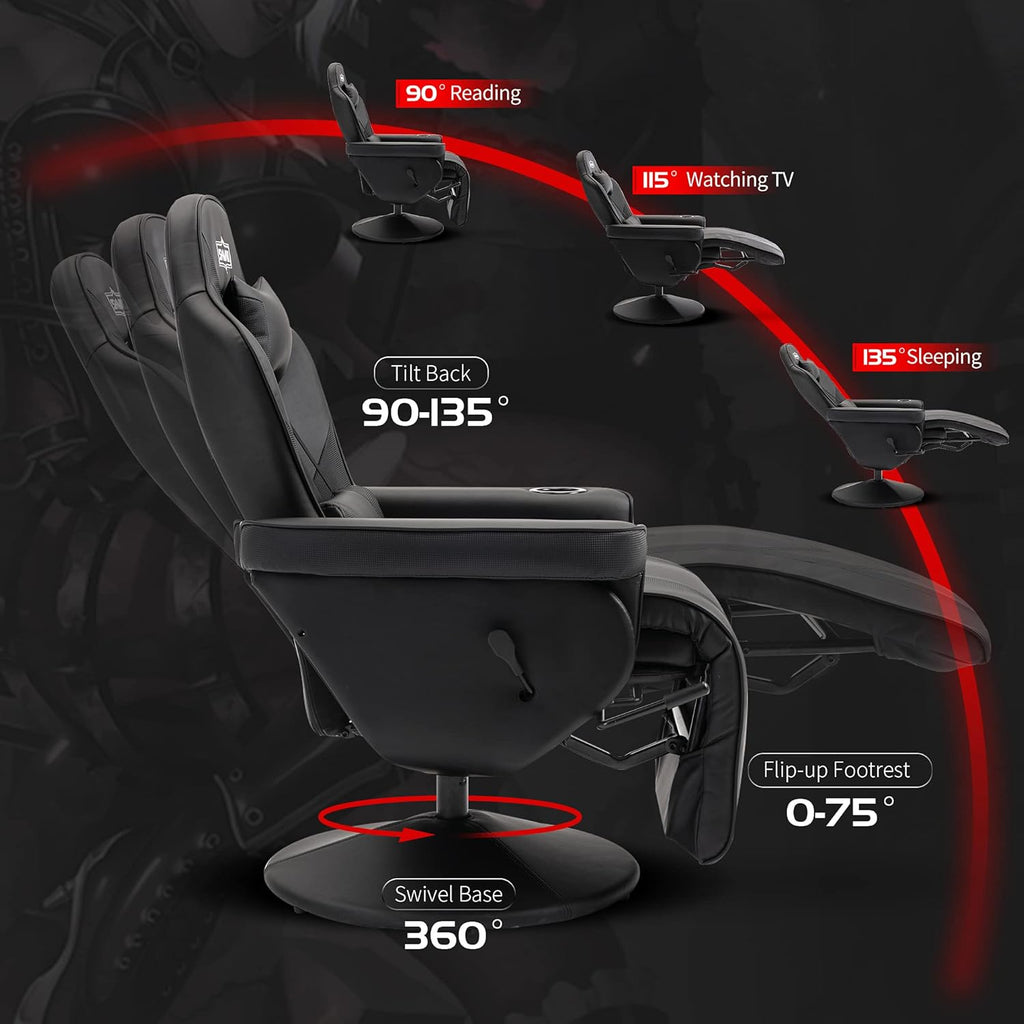 S*MAX Gaming Recliner Chair for Adults Racing Style Ergonomic High Back Swivel PU Leather Gaming Chair with Adjustable Backrest and Footrest Cup Holder Side Pouch Black