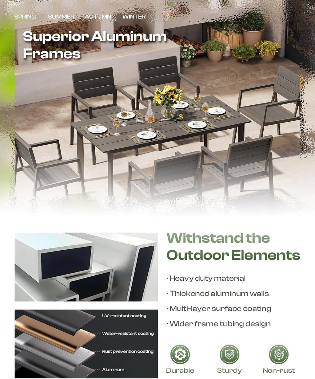 Outdoor Dining Set for 4, Patio Table and Chairs Set with Umbrella Hole, 5 Pieces HDPS + Aluminum Outdoor Furniture Sets for Patio, Garden (Gray & Teak)