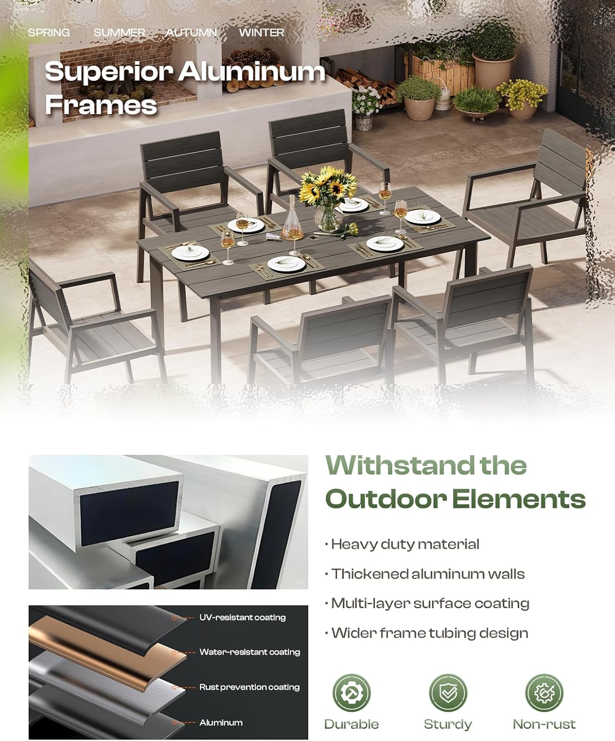 Outdoor Dining Set for 4, Patio Table and Chairs Set with Umbrella Hole, 5 Pieces HDPS + Aluminum Outdoor Furniture Sets for Patio, Garden (Gray & Teak)
