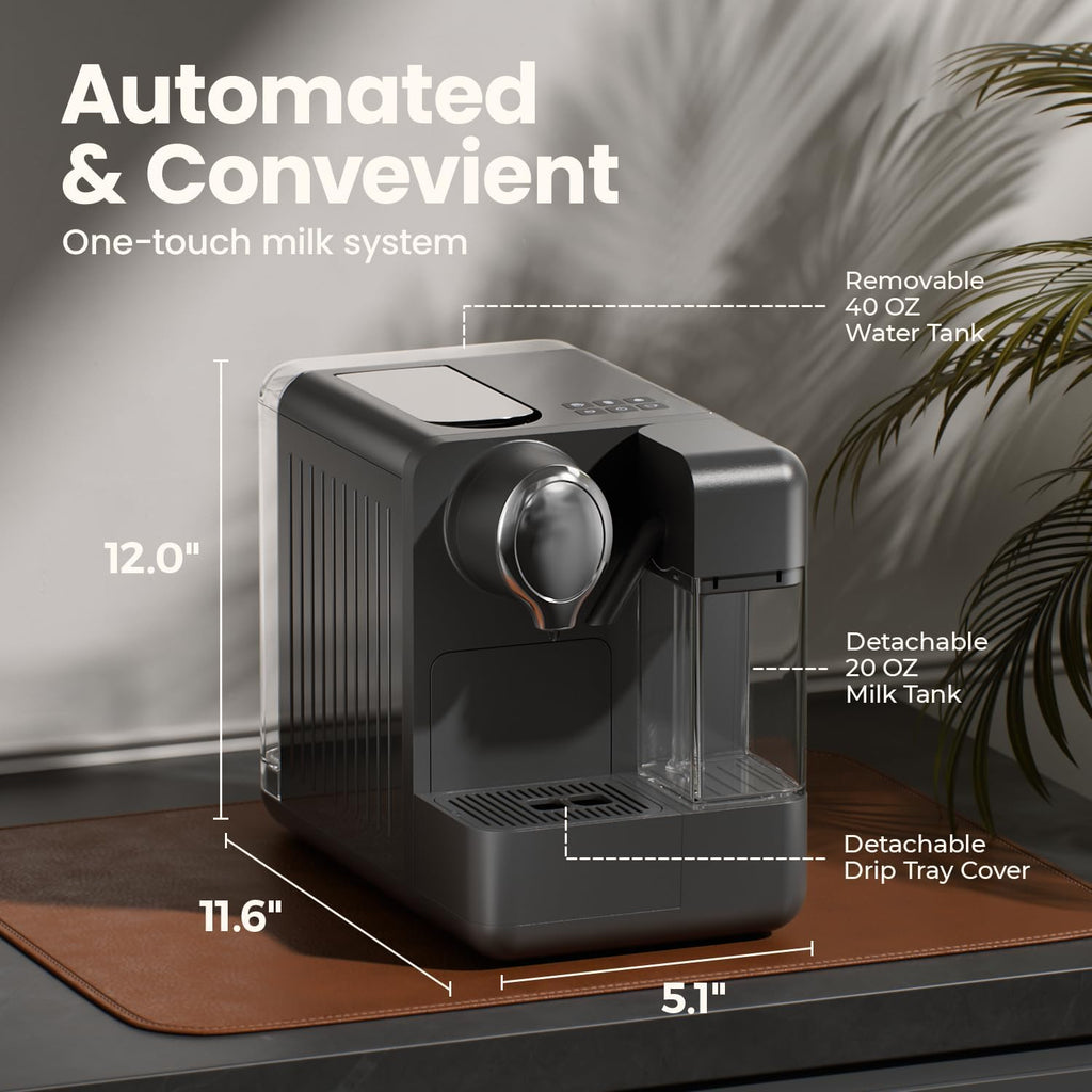Espresso Machine with Integrated Automatic Milk Frother - Single-Serve Coffee Maker Capsule Compatible, One Touch Latte & Cappuccino, Single or Double Shot Espresso Maker