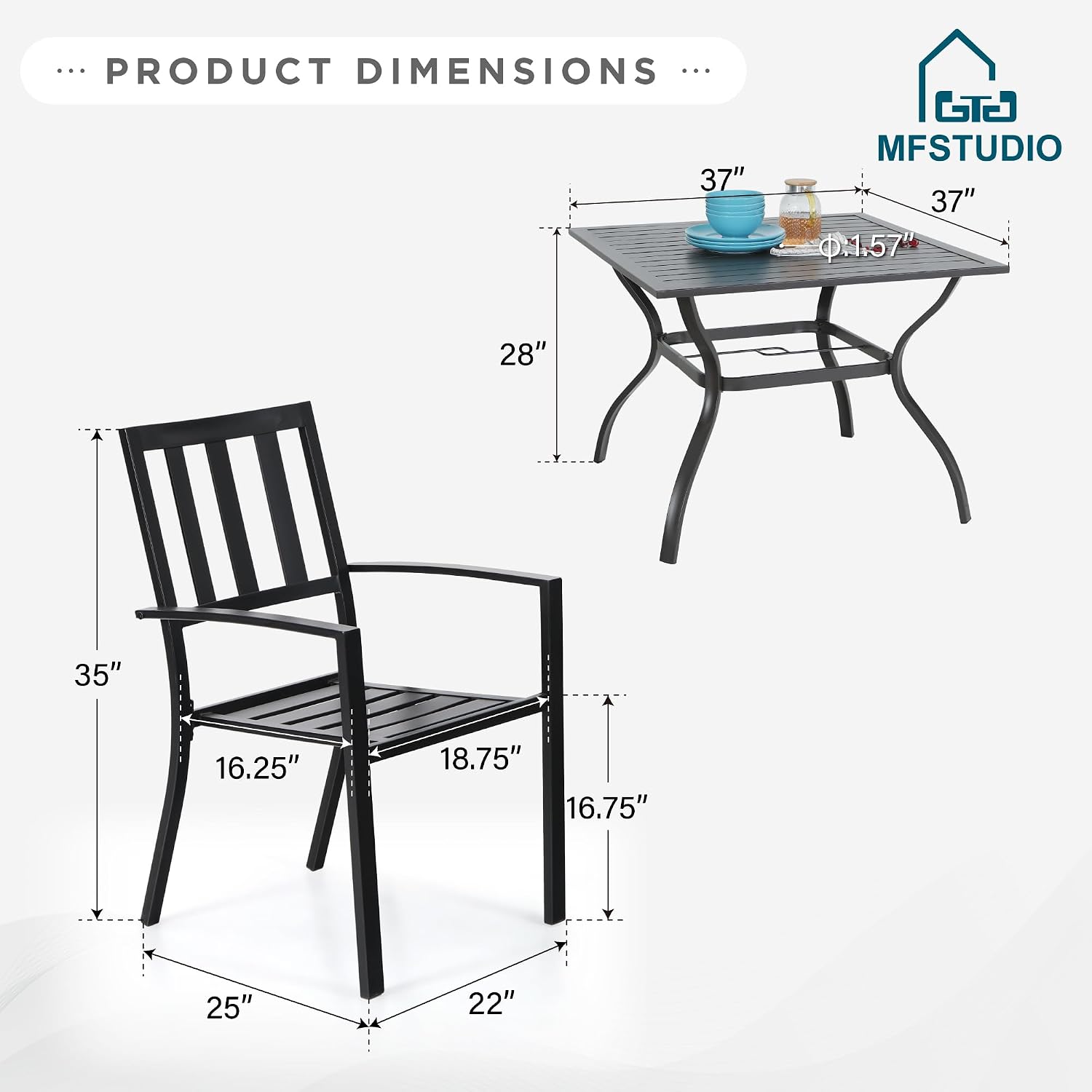 MFSTUDIO Outdoor Dining Set for 4, Patio Table and Chairs Set with Umbrella Hole, Metal Patio Furniture Set for Patio, Deck, Yard, Porch