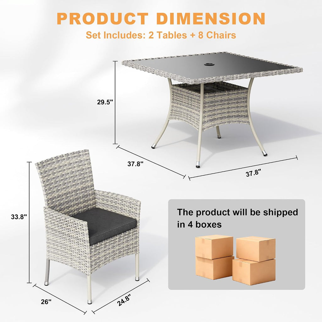 10-Piece Patio Dining Set, Patio Furniture Set with Square Tempered Glass Table & 8 Wicker Chairs, Expandable Design for Larger Groups, Outdoor Furniture for Backyard, Deck, Garden, Dark Grey