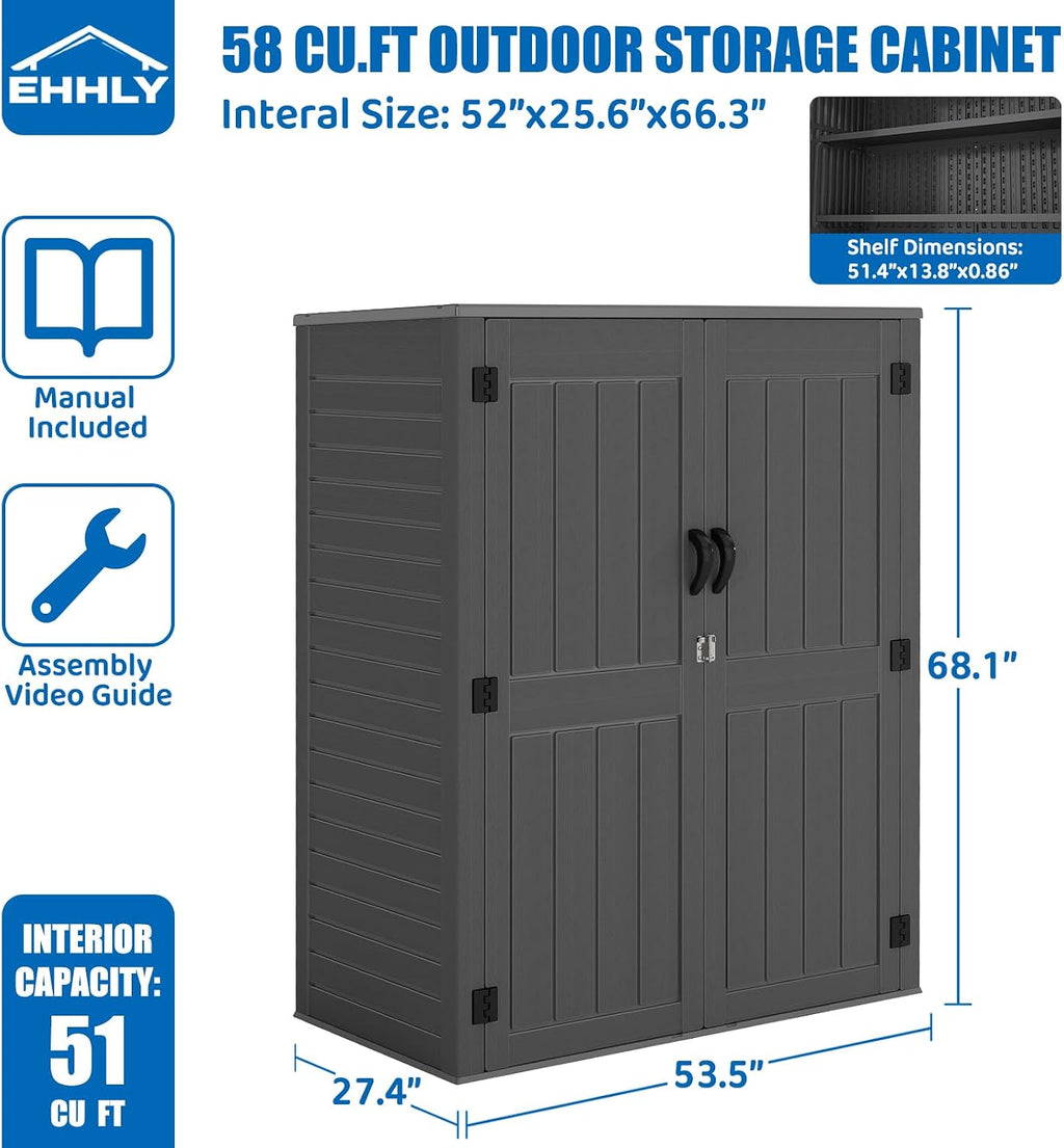 EHHLY Vertical Resin Storage Shed with 2 Shelves, 60 Cuft Garden Tool Sheds & Outdoor Storage, Plastic Outdoor Storage Cabinet Waterproof, 4.5 x 2.3 ft Backyard Outside Lawn Mower Storage Shed, Grey