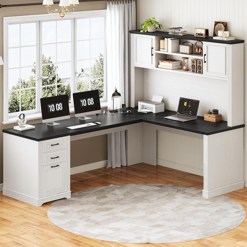 SEDETA Farmhouse L Shaped Desk with Hutch and 3 Drawers, 68.9' Executive Office Desk with File Drawer and Power Outlet, Corner Computer Desk with Storage Shelves for Home Office, White
