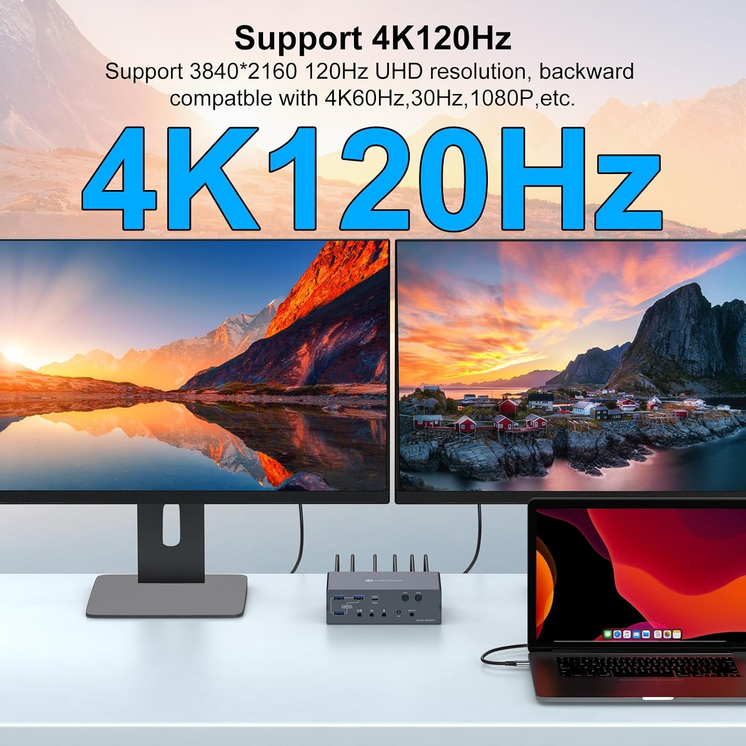 KVM Switch 2 Monitors 2 Computers Docking Station 16-in-1 4K120Hz for M1/M2/M3/M4 with Ethernet EDID, USB 3.0/USB C Thunderbolt 3/4/5 in, 2 HDMI Out Extended/Mirrored Mode for Windows Mac