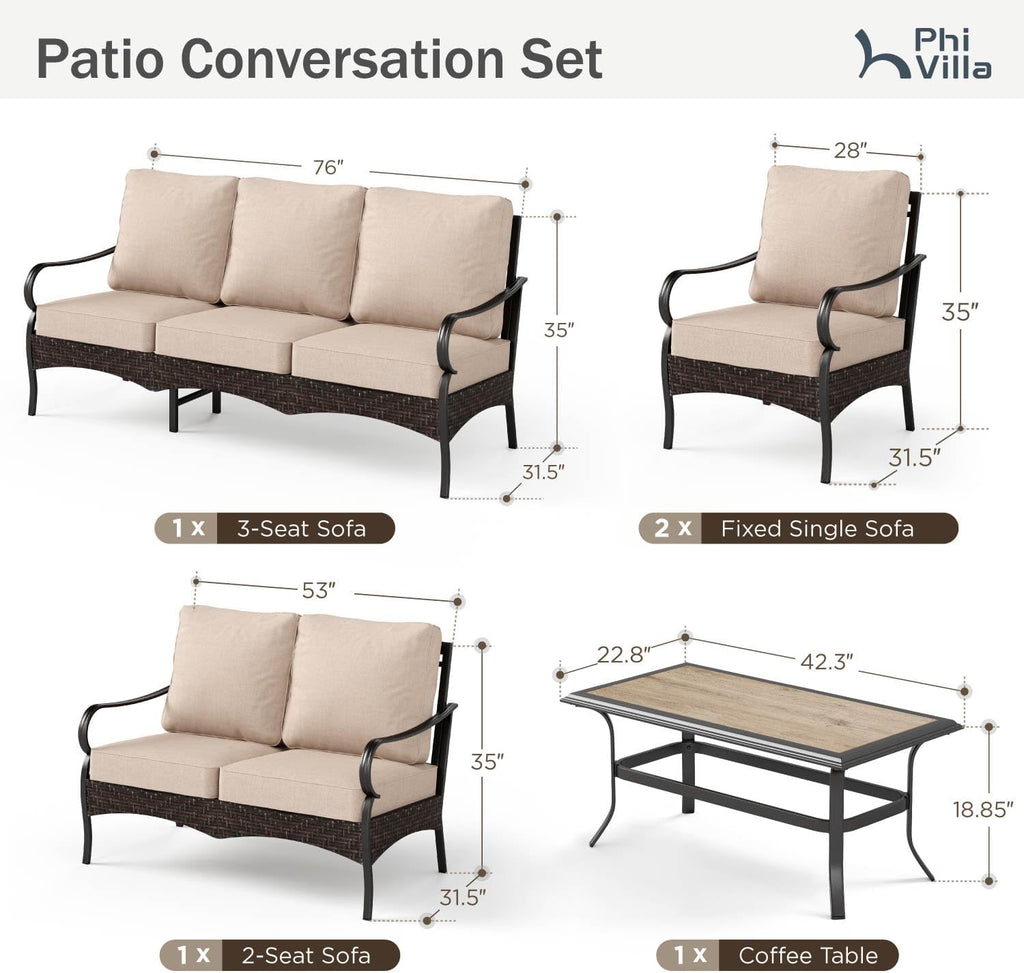 PHI VILLA Outdoor Modern Patio Furniture Set, Upgraded Wicker & Metal Patio Conversation Set with Waterproof Thick Cushions for Porch, Poolside, Yard (5 Pieces,Beige)