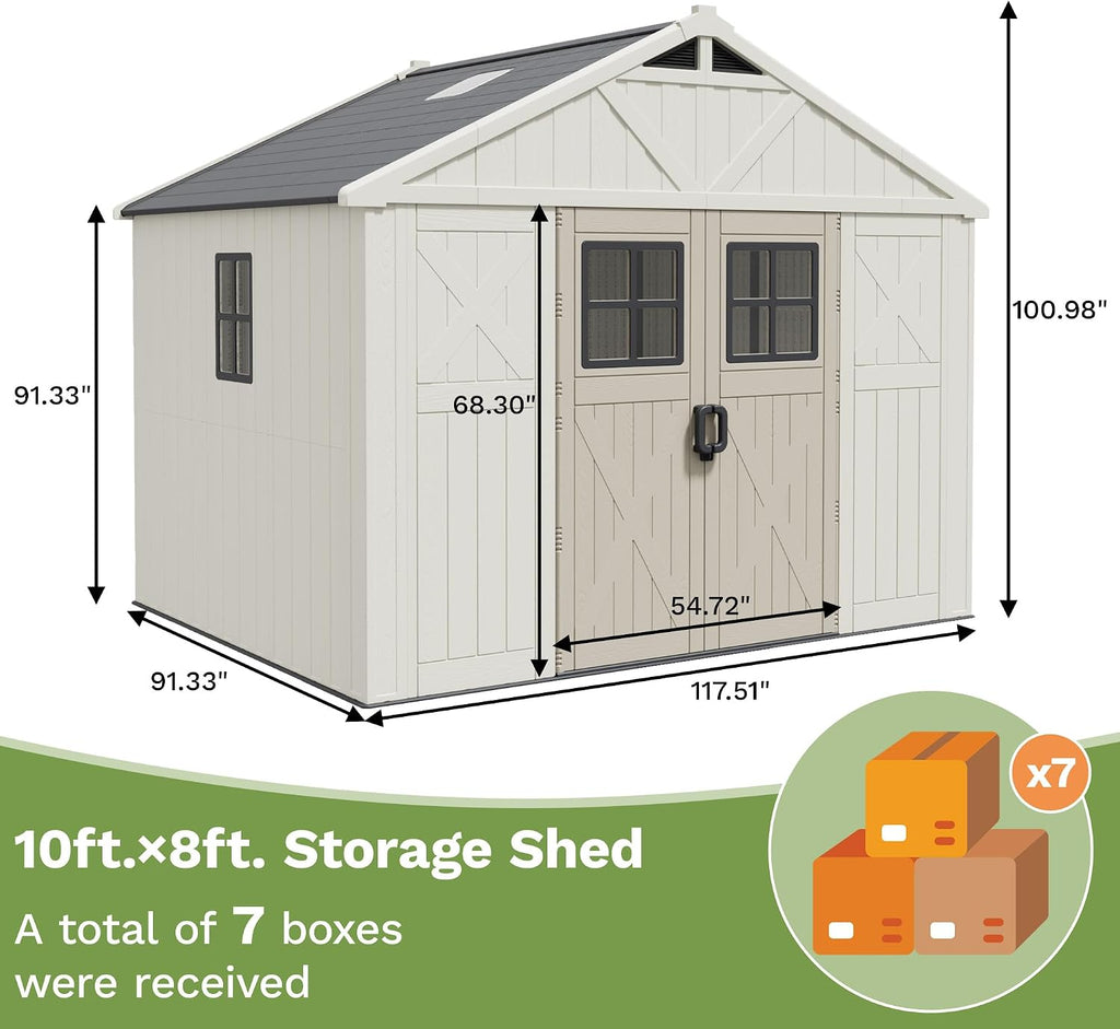 Patiowell 10 x 8 FT Outdoor Storage Shed, Plastic Shed with Floor and Skylight, Resin Storage Shed with Four-Window and Lockable Door for Garden, Patio, Backyard, Beige