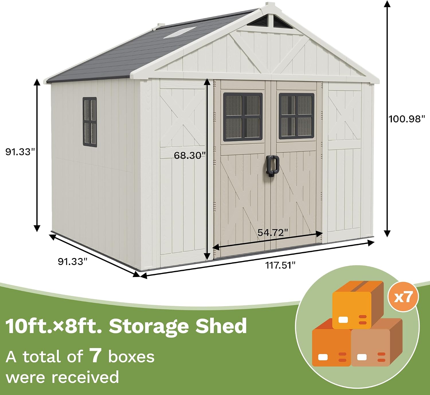 Patiowell 10 x 8 FT Outdoor Storage Shed, Plastic Shed with Floor and Skylight, Resin Storage Shed with Four-Window and Lockable Door for Garden, Patio, Backyard, Beige
