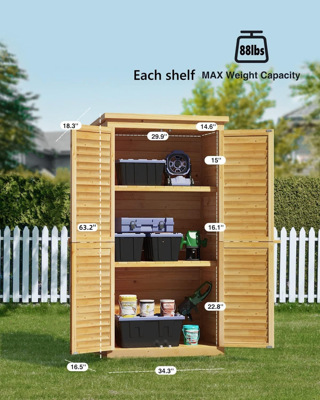 Bealife 63.2' Outdoor Storage Cabinet with Double Doors, Lockable Vertical Storage Shed with 3 Shelves Organizer, Waterproof Fir Wood Tool Closet Shed for Garden, Backyard, Patio, and Lawn -Natural