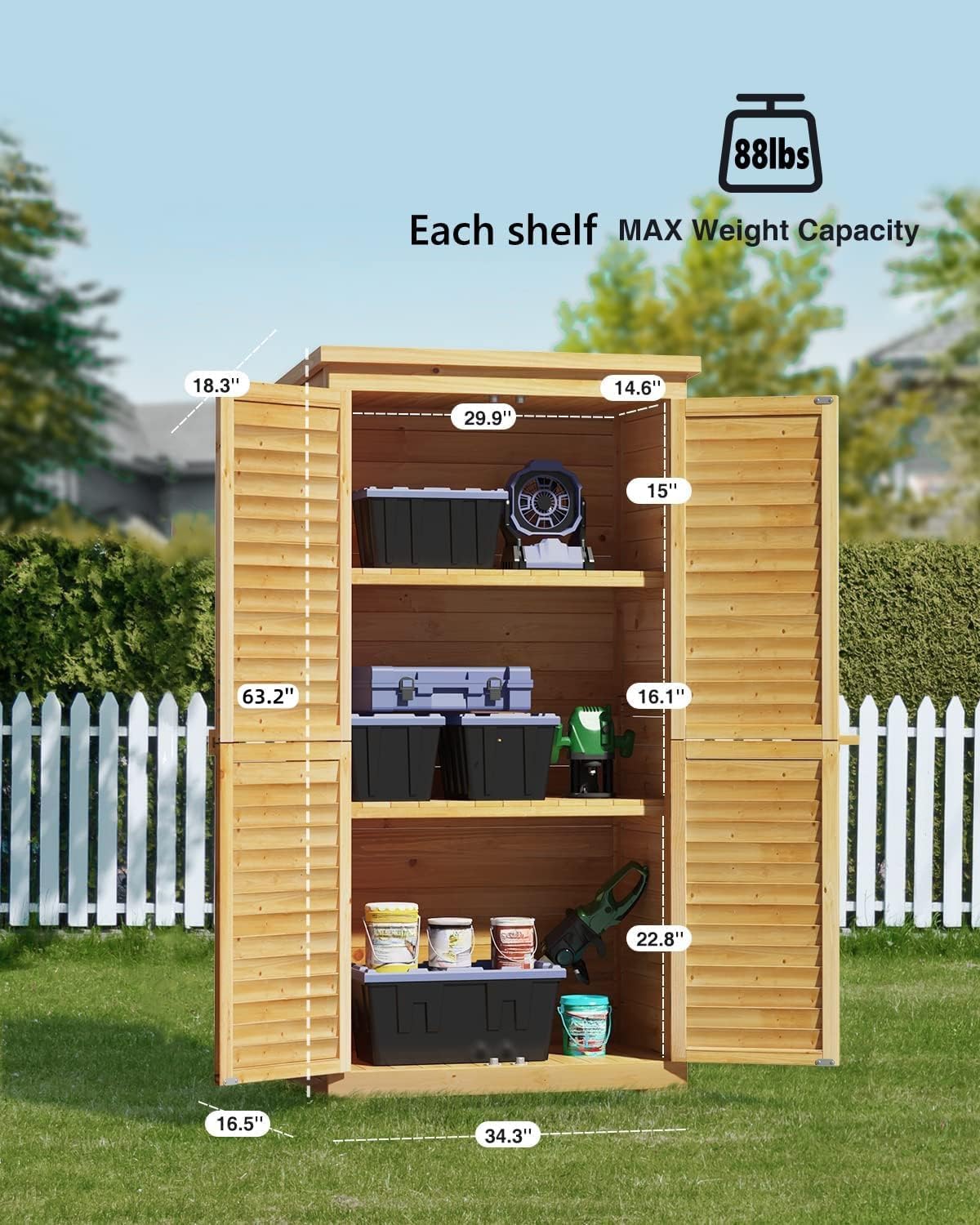 Bealife 63.2' Outdoor Storage Cabinet with Double Doors, Lockable Vertical Storage Shed with 3 Shelves Organizer, Waterproof Fir Wood Tool Closet Shed for Garden, Backyard, Patio, and Lawn -Natural
