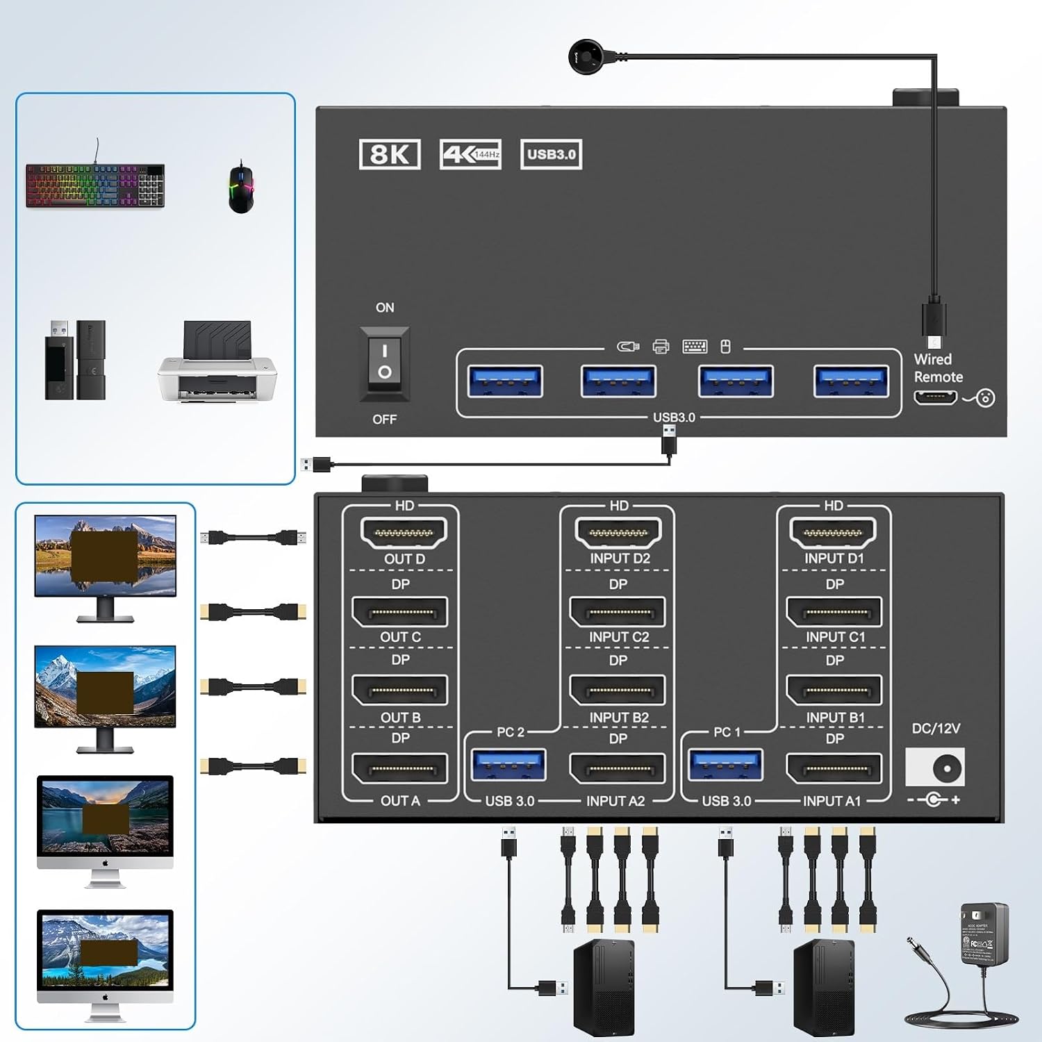 KVM Switch 4 Monitors 2 Computers,USB 3.0 HDMI+DisplayPort Four Monitor KVM for 2 PC Share 4 Display 4USB(204 2H2D)