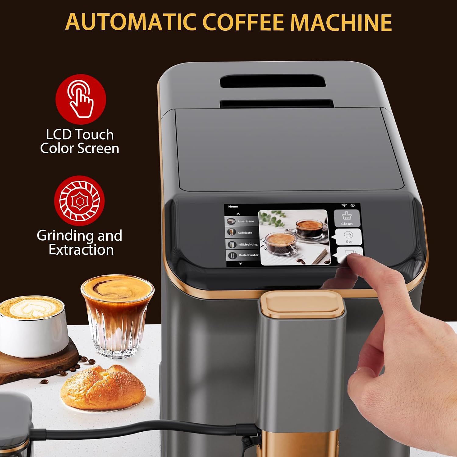 Espresso Maker With Milk Frother - Fully Automatic, 4-Beverage Options, Built-In Grinder, Intuitive Touch Display, and Sleek Gunmetal Finish
