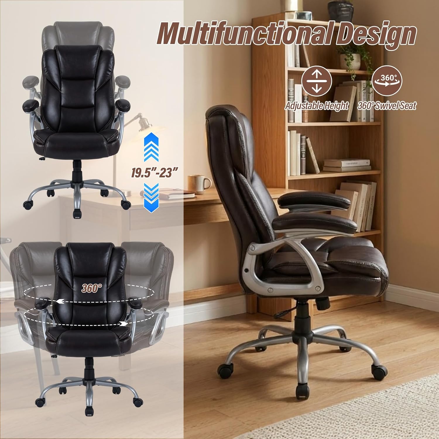 Giantex Executive Office Chair, Leather Ergonomic Computer Desk Chair w/Rocking Function, Padded Seat & Arms, Height Adjustable Gaming Chairs, High Back Rolling Swivel Chair for Home Office (Espresso)