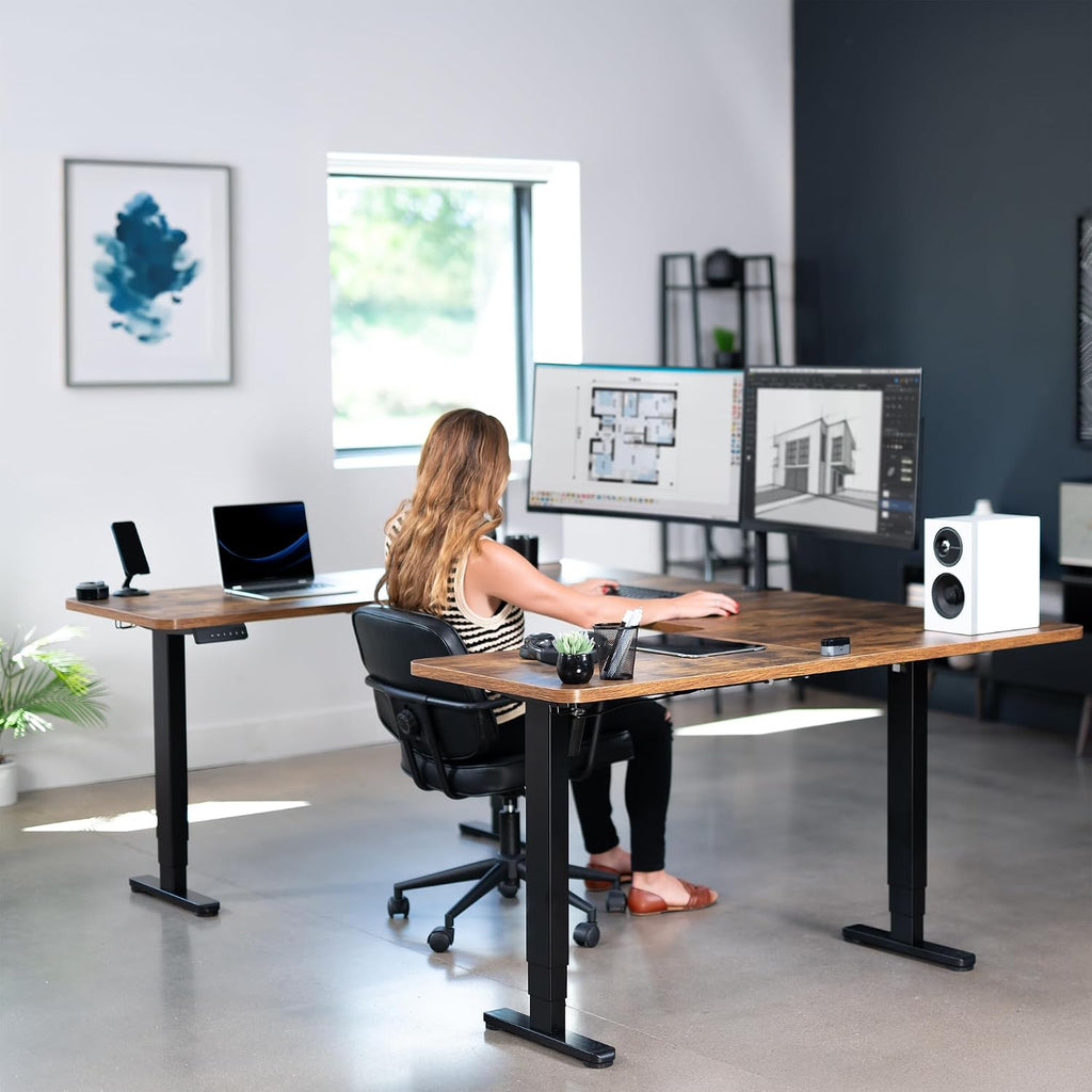 VIVO Large U-Shaped 83 x 60 in Electric Standing Desk, Memory Height Adjustment, Rustic Vintage Brown Top Black Frame, DESK-E4UBN