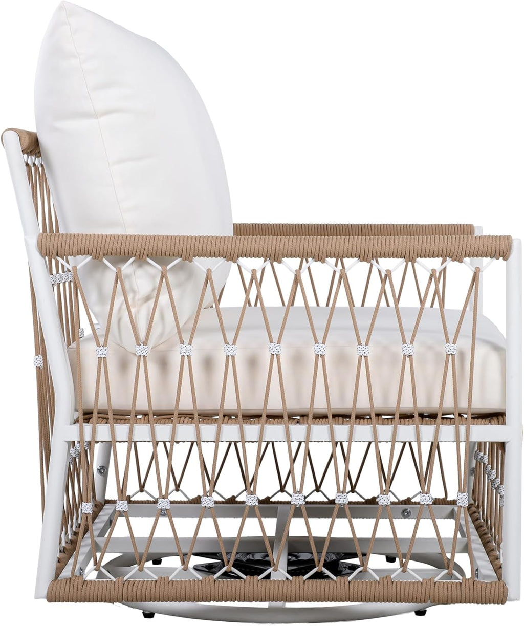 Christopher Knight Home Janna 3-Piece Bohemian Outdoor Patio Furniture Set, Set of 2 Swivel Lounge Chairs with Cushions & Glass Top Side Table, Patio Conversation Set for Garden, Beige + Natural