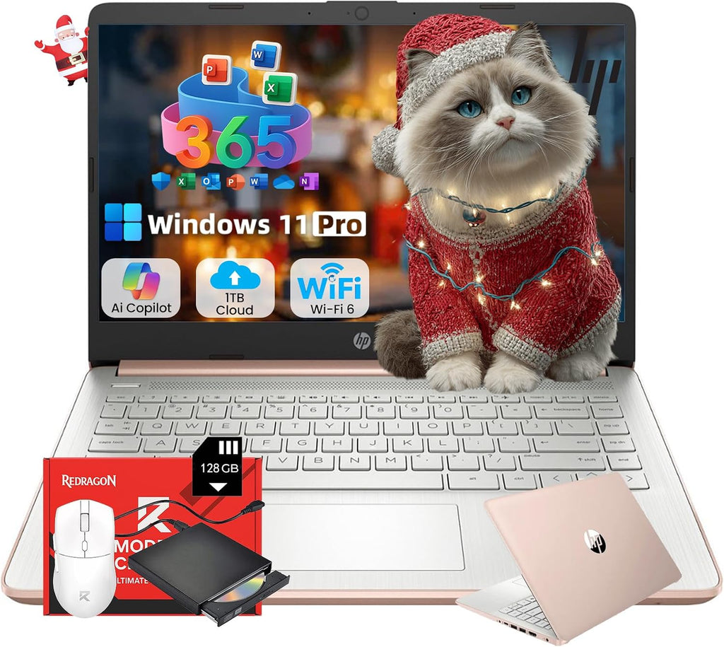 HP 14' Laptop 2025 Business Student Slim Computer, 1-Y Office 365, Copilot AI, Quad-Core Intel CPU, 16 GB RAM, 128GB UFS & 128GB SD Card, Wi-Fi 6, Windows 11 Pro, JQ2XzAccessory, Rose Gold