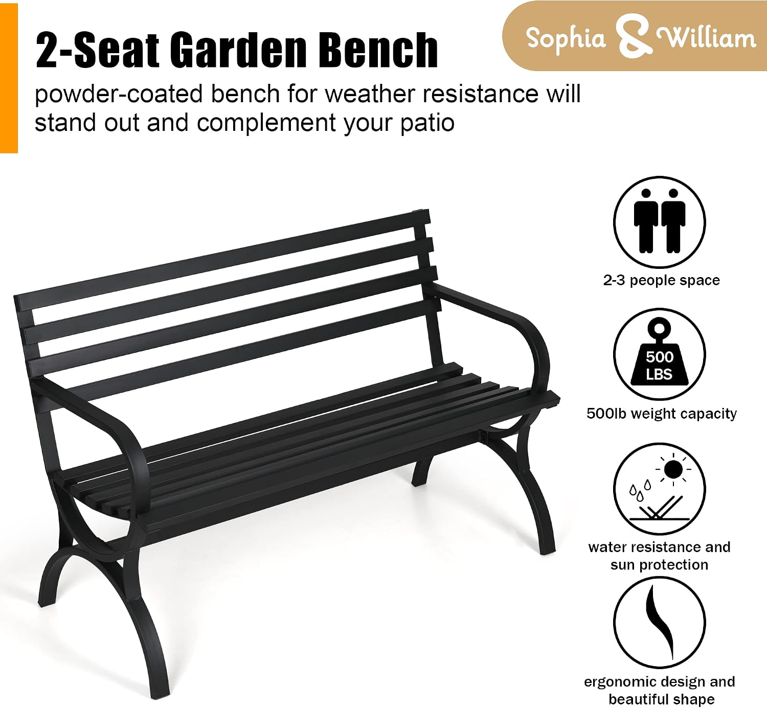 Sophia & William Outdoor Garden Bench Patio Park Bench, Metal Frame Furniture with Backrest and Armrests for Porch Yard Lawn Deck, Black
