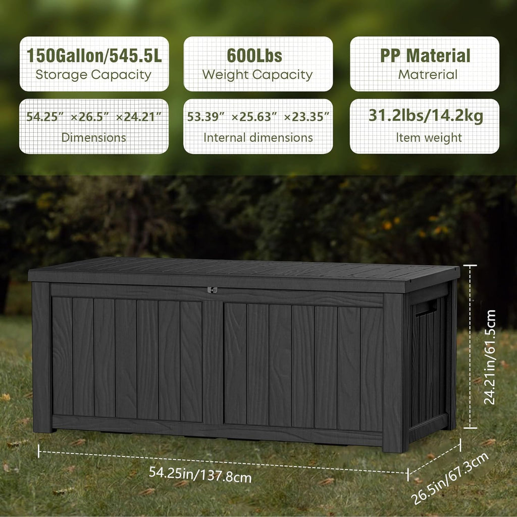 Outdoor Storage Deck Box Waterproof, 150 Gallon Large Lockable Patio Storage Bin Chest, Resin Outside Container Seat Bench for Furniture Cushions, Pool Accessories, Garden Tools & Delivery, Black