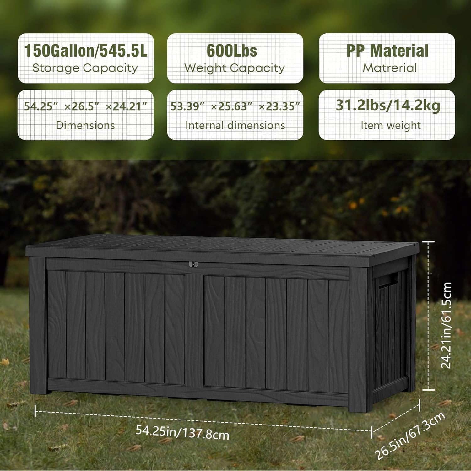 Outdoor Storage Deck Box Waterproof, 150 Gallon Large Lockable Patio Storage Bin Chest, Resin Outside Container Seat Bench for Furniture Cushions, Pool Accessories, Garden Tools & Delivery, Black