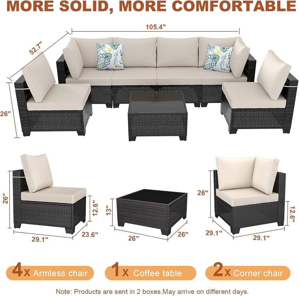 7 Pieces Outdoor Conversation Sectional Rattan Sofa, Patio Furniture Set, with Wicker and Cushions for Garden and Backyard (Brown/Beige)