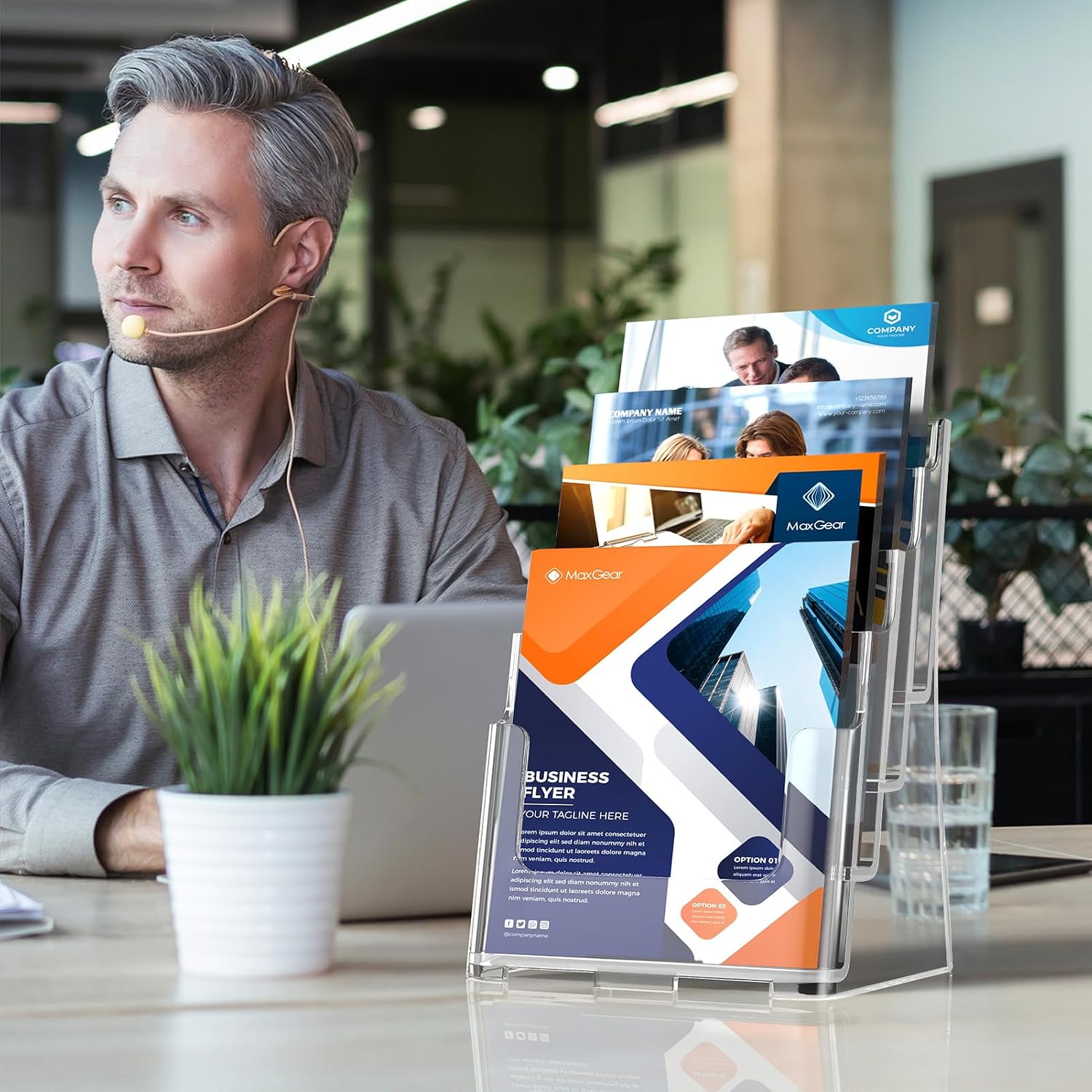 MaxGear Acrylic Brochure Holder 8.5 x 11 inch, 4 Tier Clear Literature Organizer Magazine Stand Display with Removable Divider for 4 x 9 inch Brochures, Pamphlet, Wall Mount or Countertop, 4 Pack