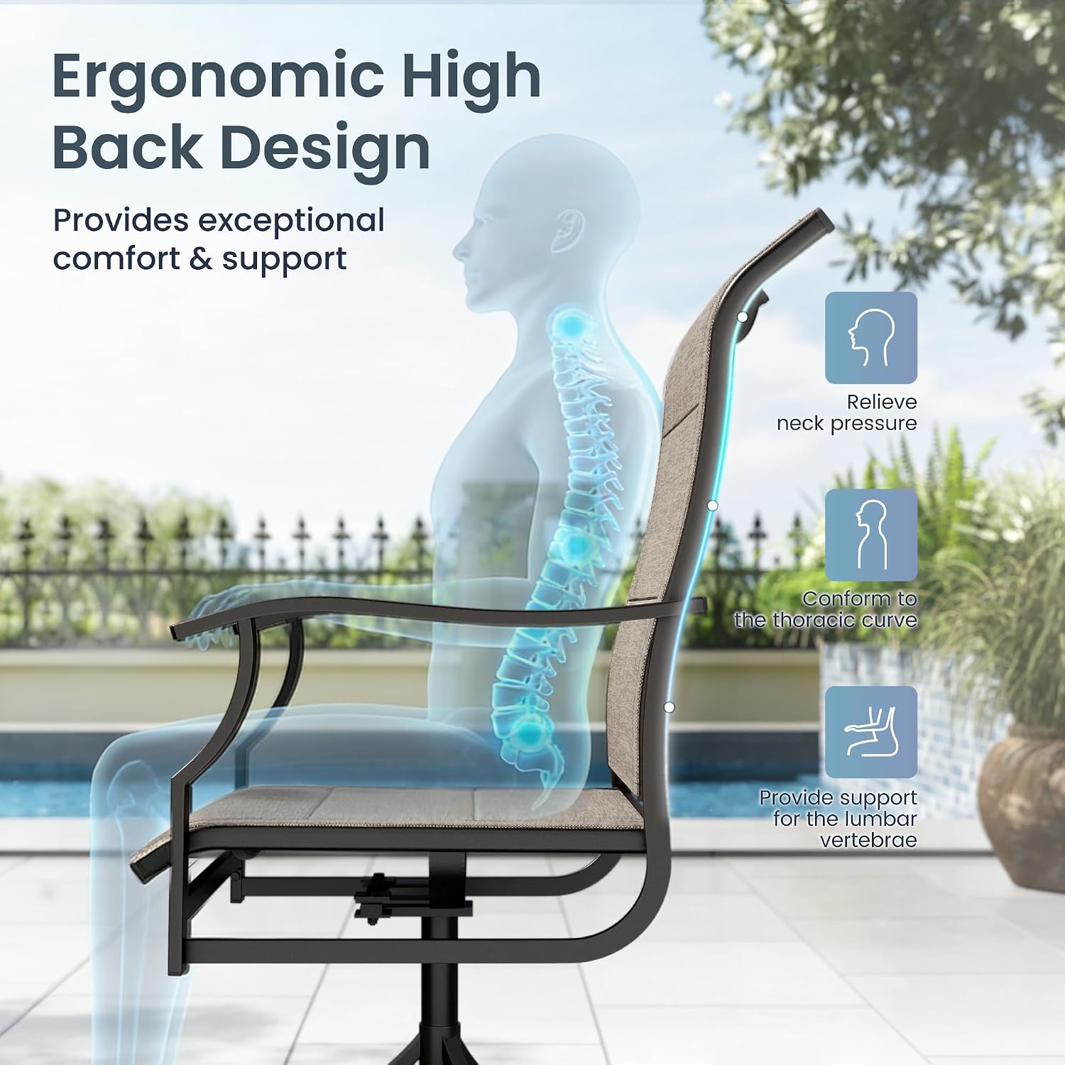 PHI VILLA Swivel Patio Chair Set of 2, 42' High Back Outdoor Chairs with Padded Fabric & E-Coating Frame, All Weather-Resistant for Deck Lawn Garden