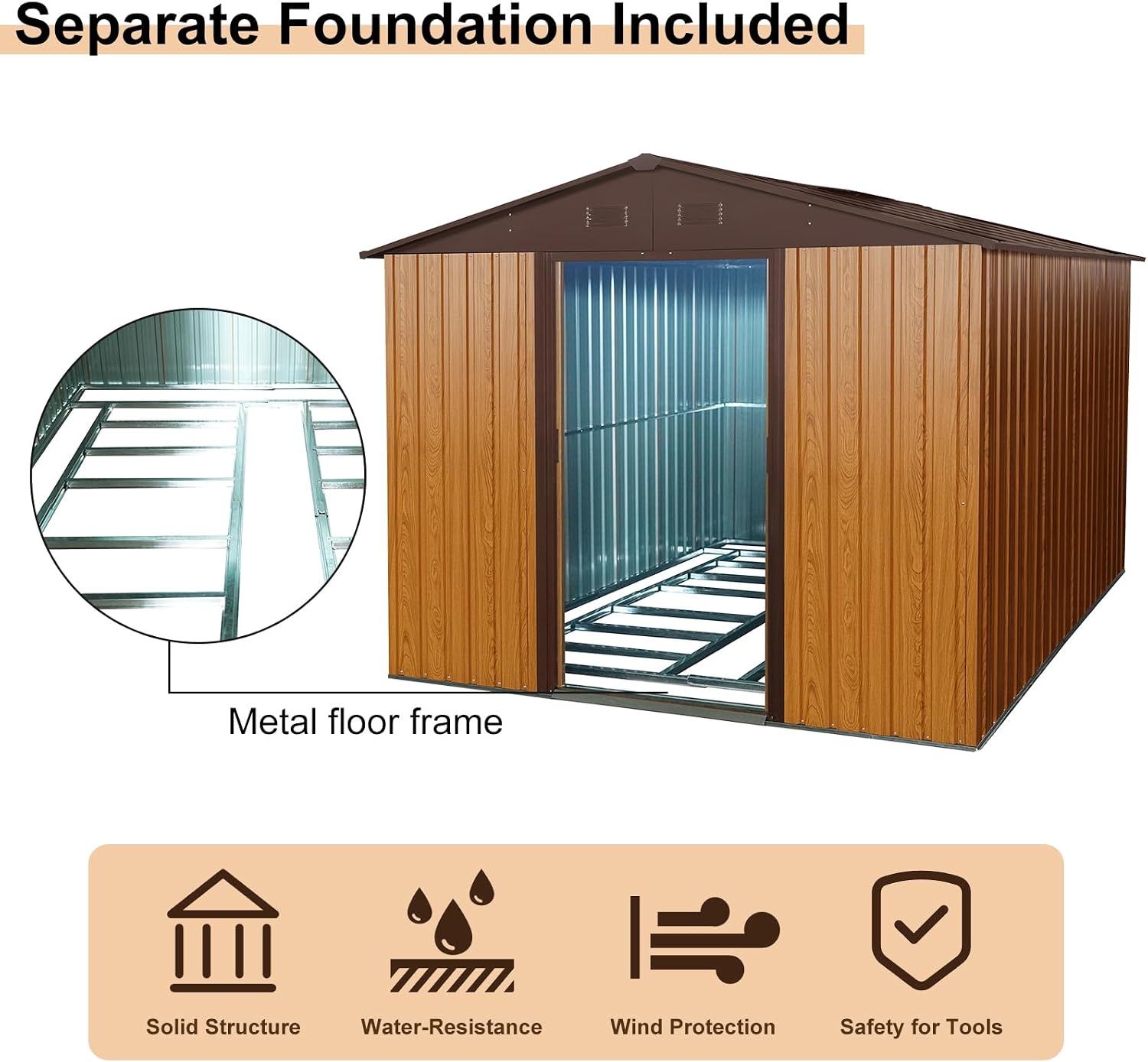 Favfurish 10x8 FT Outdoor Storage Shed, Garden Tool House with Metal Floor Base, Double Sliding Doors, Air Vents, Storage Clearance for Backyard, Patio, Garage, Lawn, Coffee