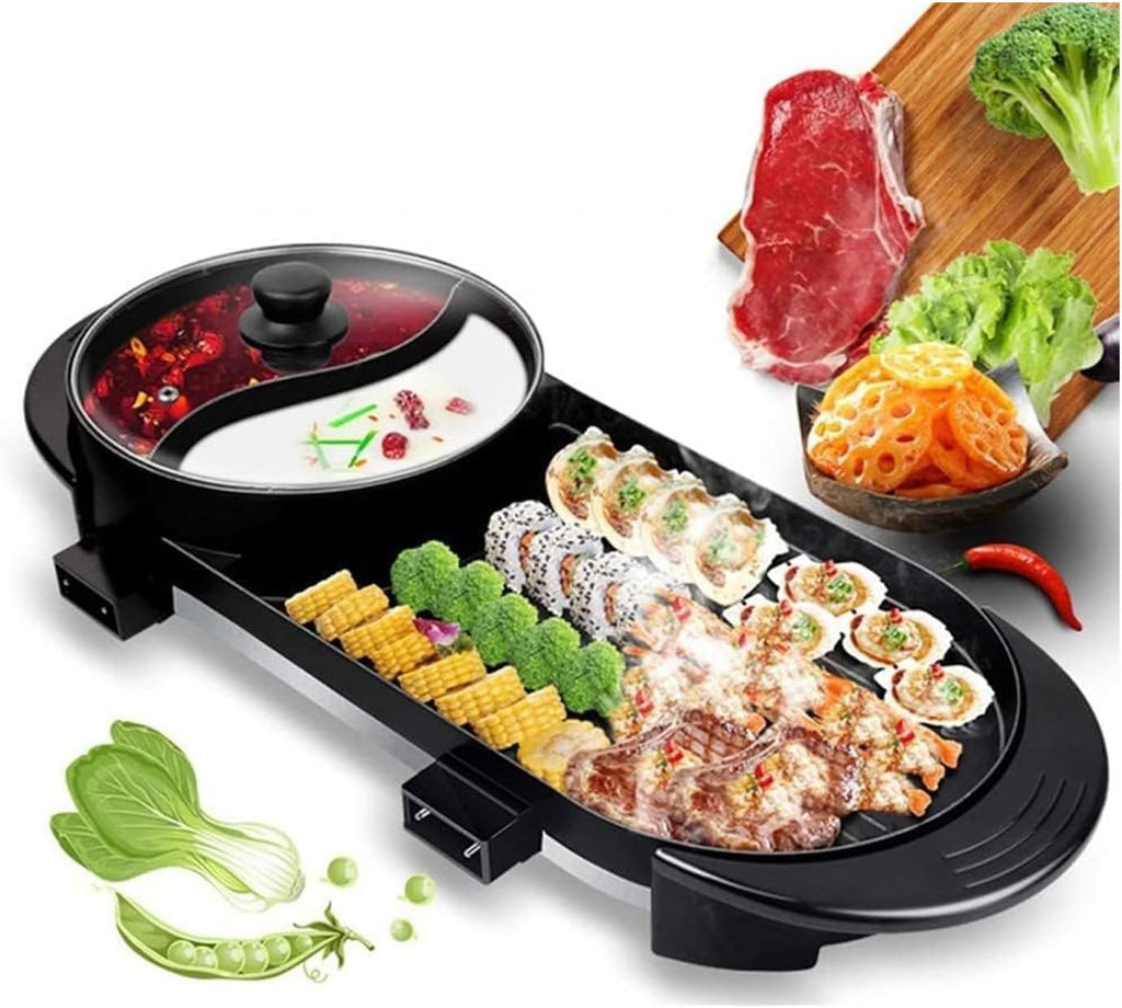 Electric 2 in 1 Grill Indoor Hot Pot Multifunctional Teppanyaki Grill/Shabu Shabu Pot Smokeless with 5 Level Temperature for Family Gathering, Party Indoor/Outdoor