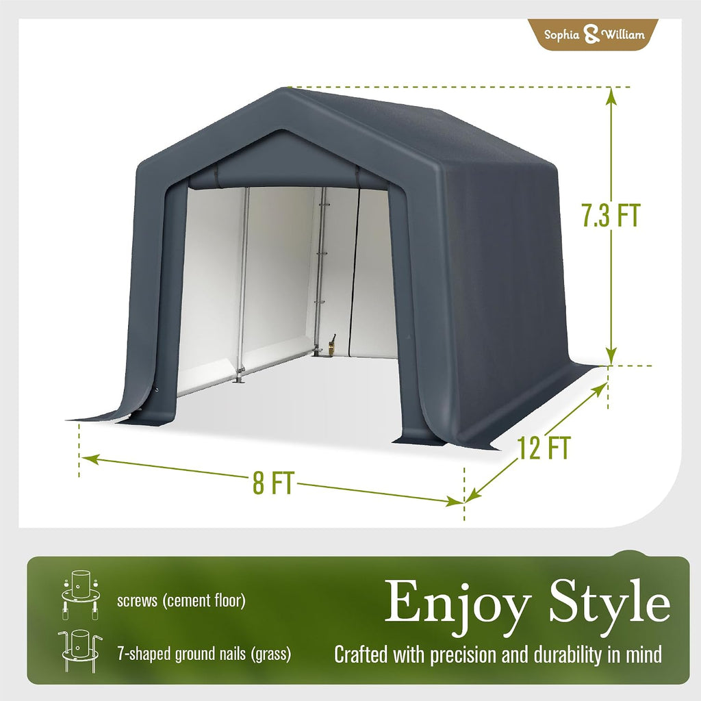 Sophia & William Outdoor Storage Shed,Carport 8x12 ft Heavy Duty, Portable Garden Yard Car Port Shelter Storage Tent Garage with Roll Up Doors and Ventilation, Grey