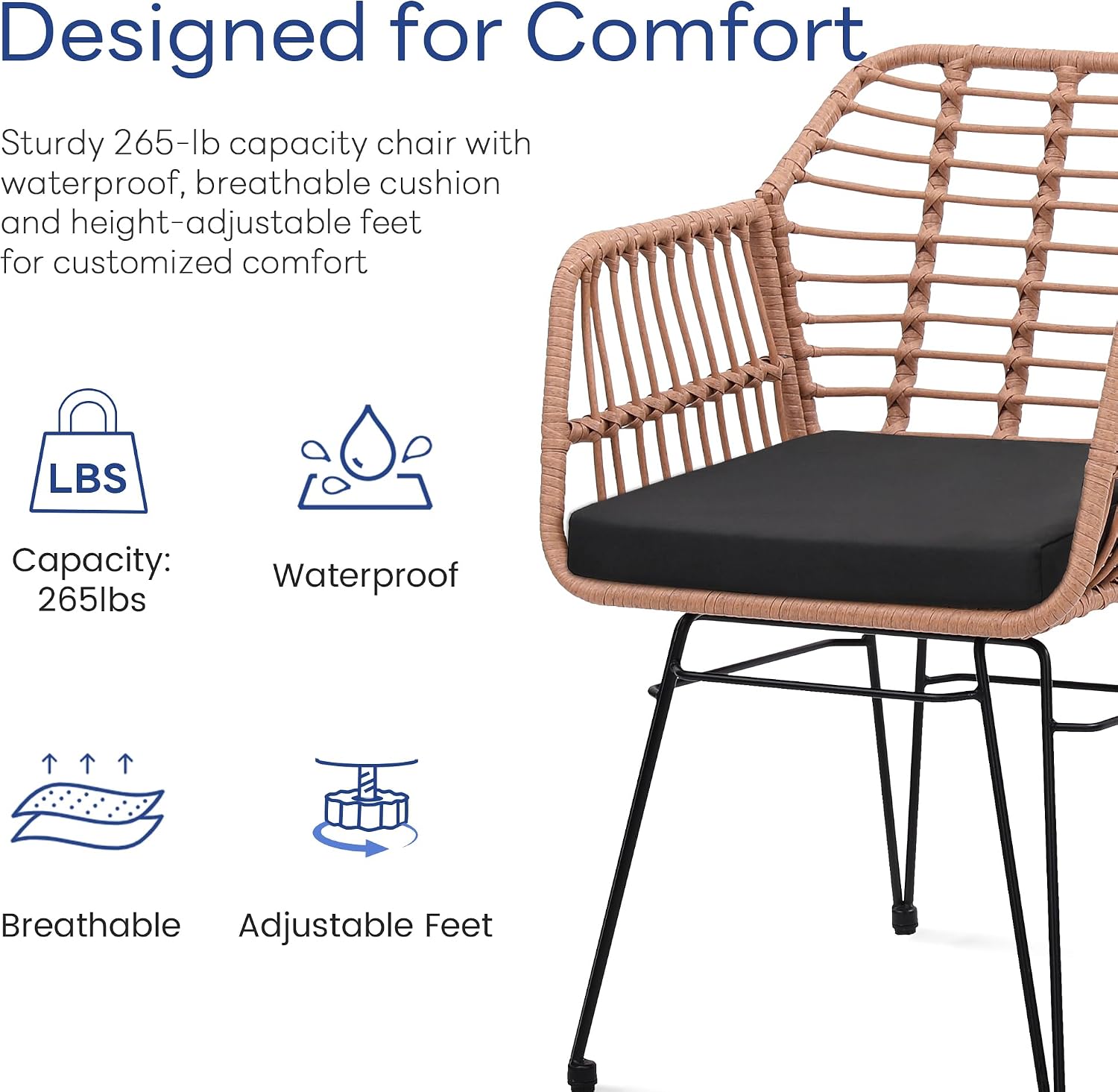 KROFEM 3 Piece Wicker Patio Bistro Furniture Set, Includes 2 Rattan Chairs and Glass Top Table, Ideal for Porch, Outdoor, Backyard, Apartment, Balcony, Natural