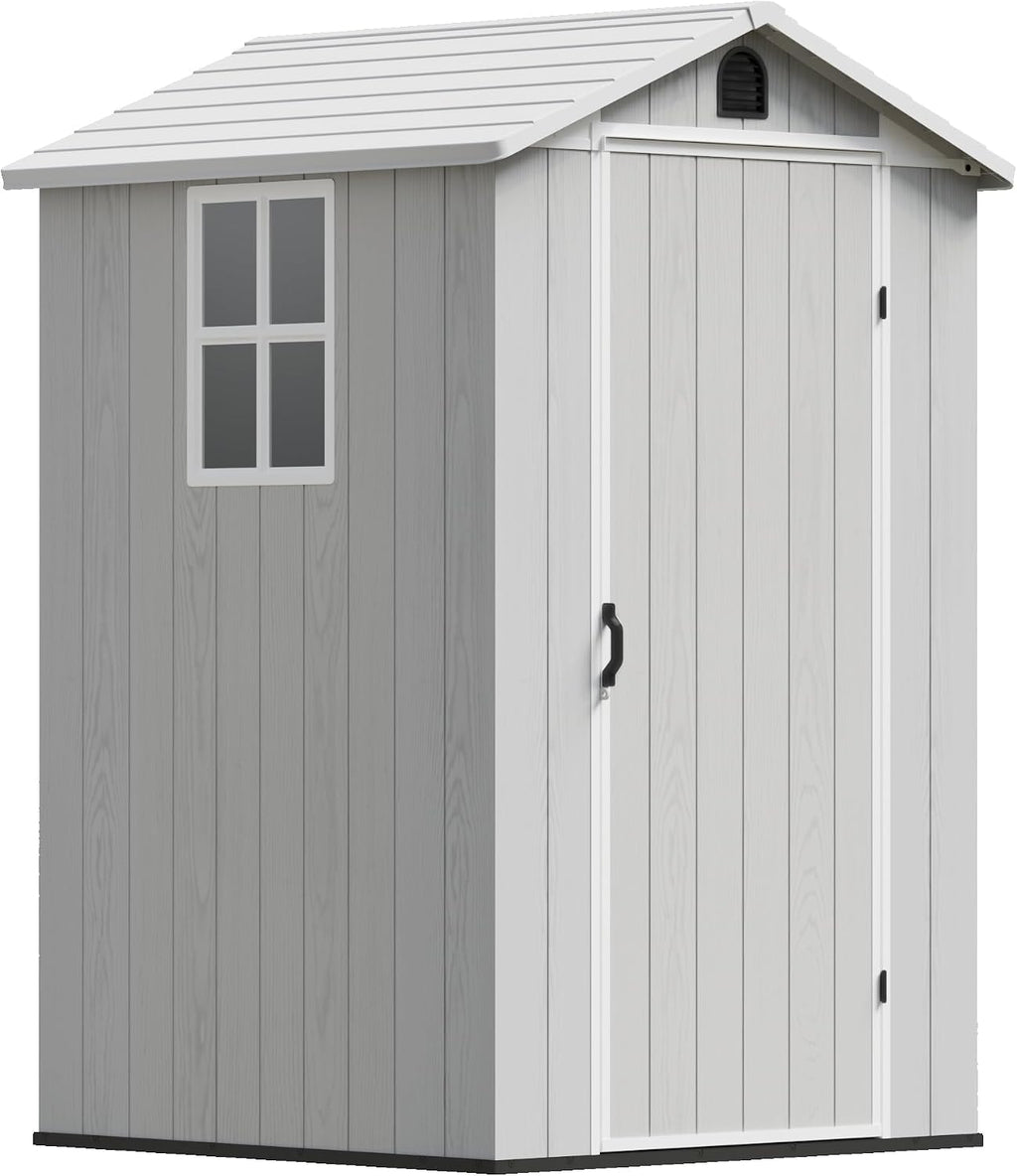 Devoko 4x4 FT Outdoor Shed, Compact & Secure Plastic Resin Storage with Lockable Door, Features Built-in Floor & Window for All-Weather Garden, Patio, and Poolside Organization, Light Gray