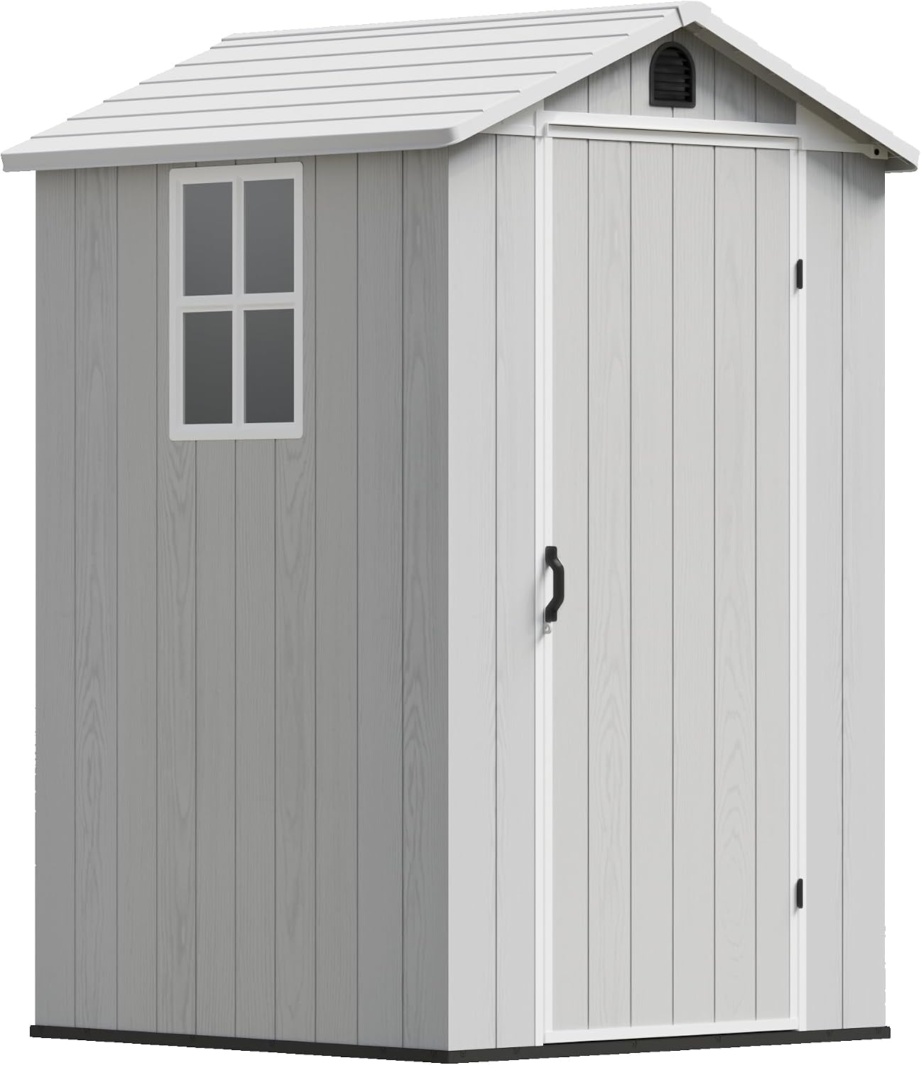 Devoko 4x4 FT Outdoor Shed, Compact & Secure Plastic Resin Storage with Lockable Door, Features Built-in Floor & Window for All-Weather Garden, Patio, and Poolside Organization, Light Gray
