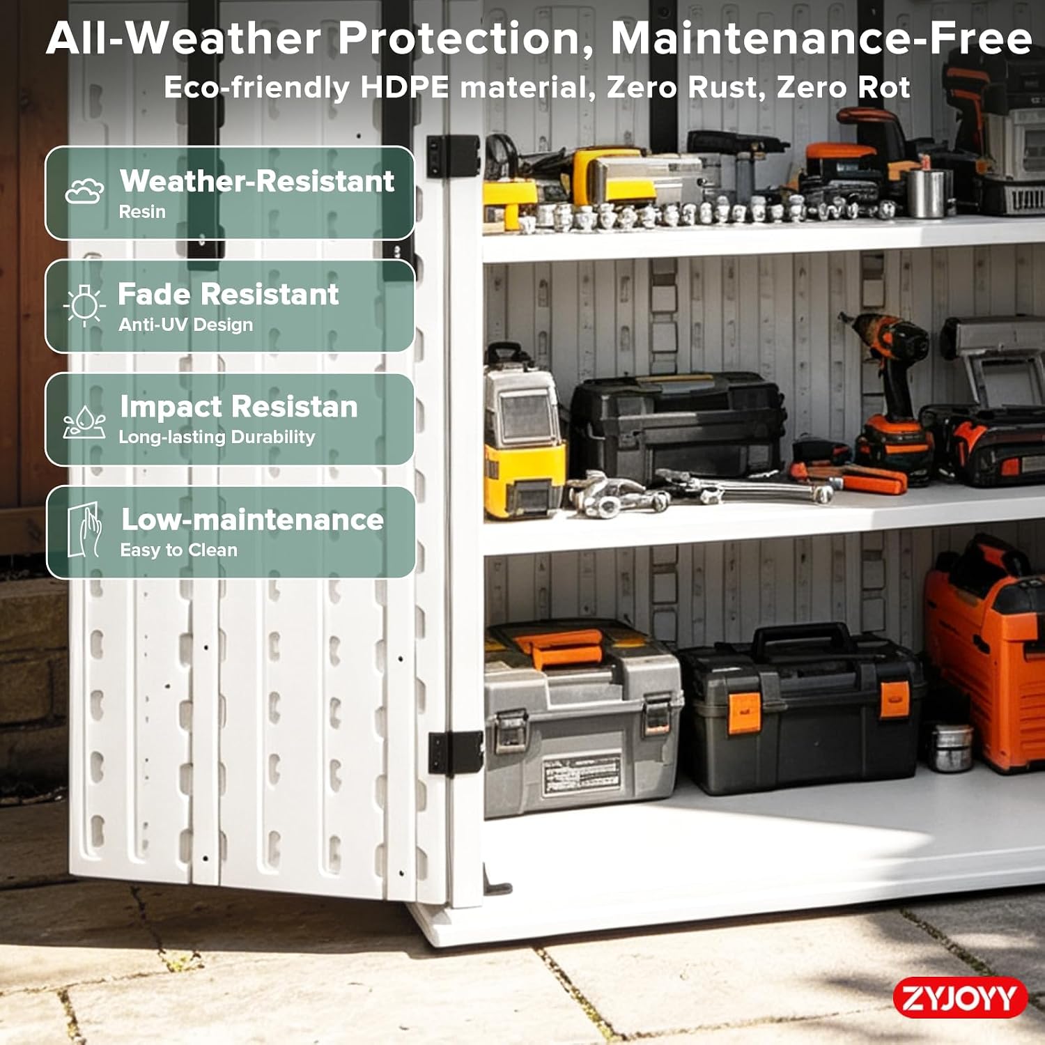 ZYJOYY Outdoor Storage Cabinet with 4 Shelves, 31.5' x 23.23' x 66.22' White Waterproof Resin Vertical Tool Shed, Lockable 30 cu.ft. Storage Shed for Patio, Garden, Yard