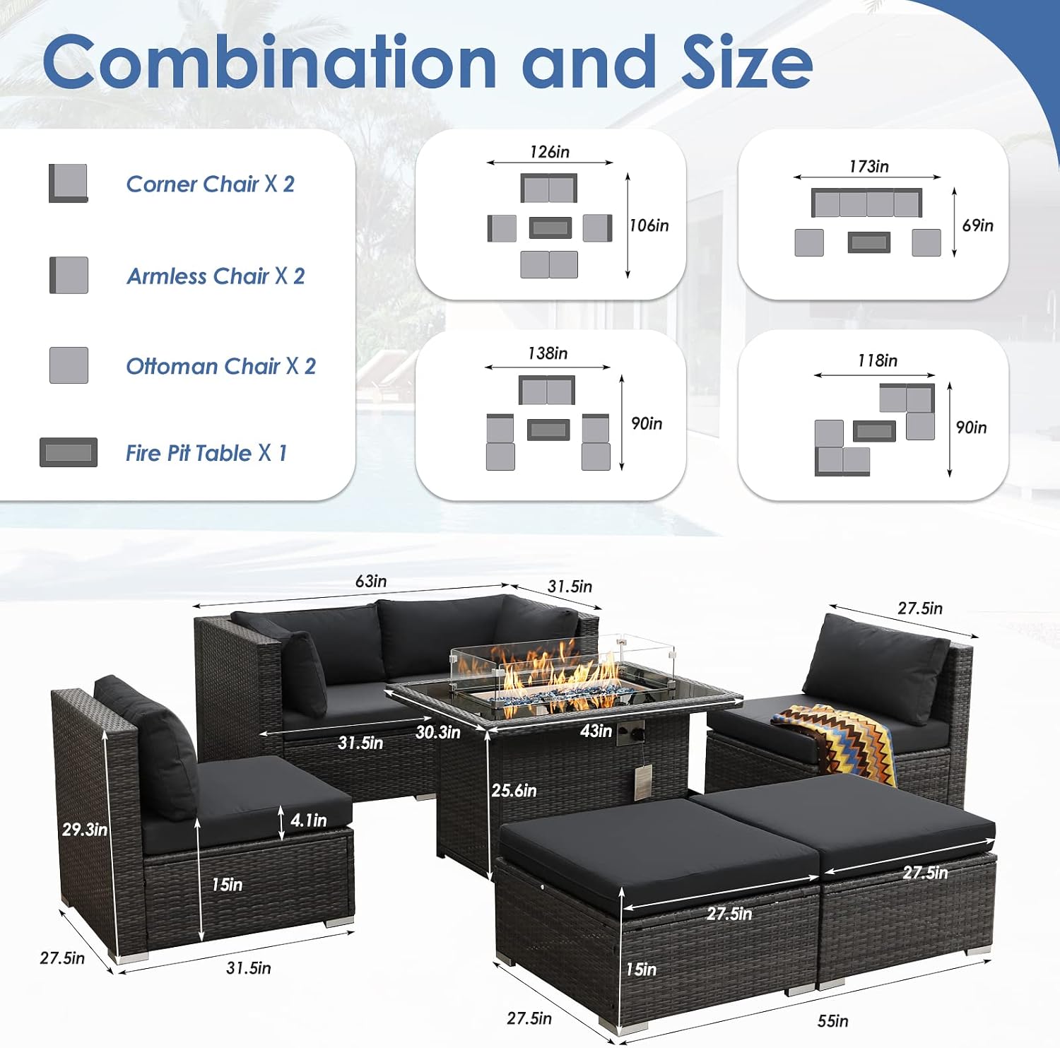 RADIATA 7Pcs Outdoor Patio Furniture Set with Fire Pit, Modern Comfortable Outside Sectional Couch High Back Oversized Wide Deep 6-Seats, Modular All-Weather Heavy Duty Wicker Sofa Set, Grey&Black