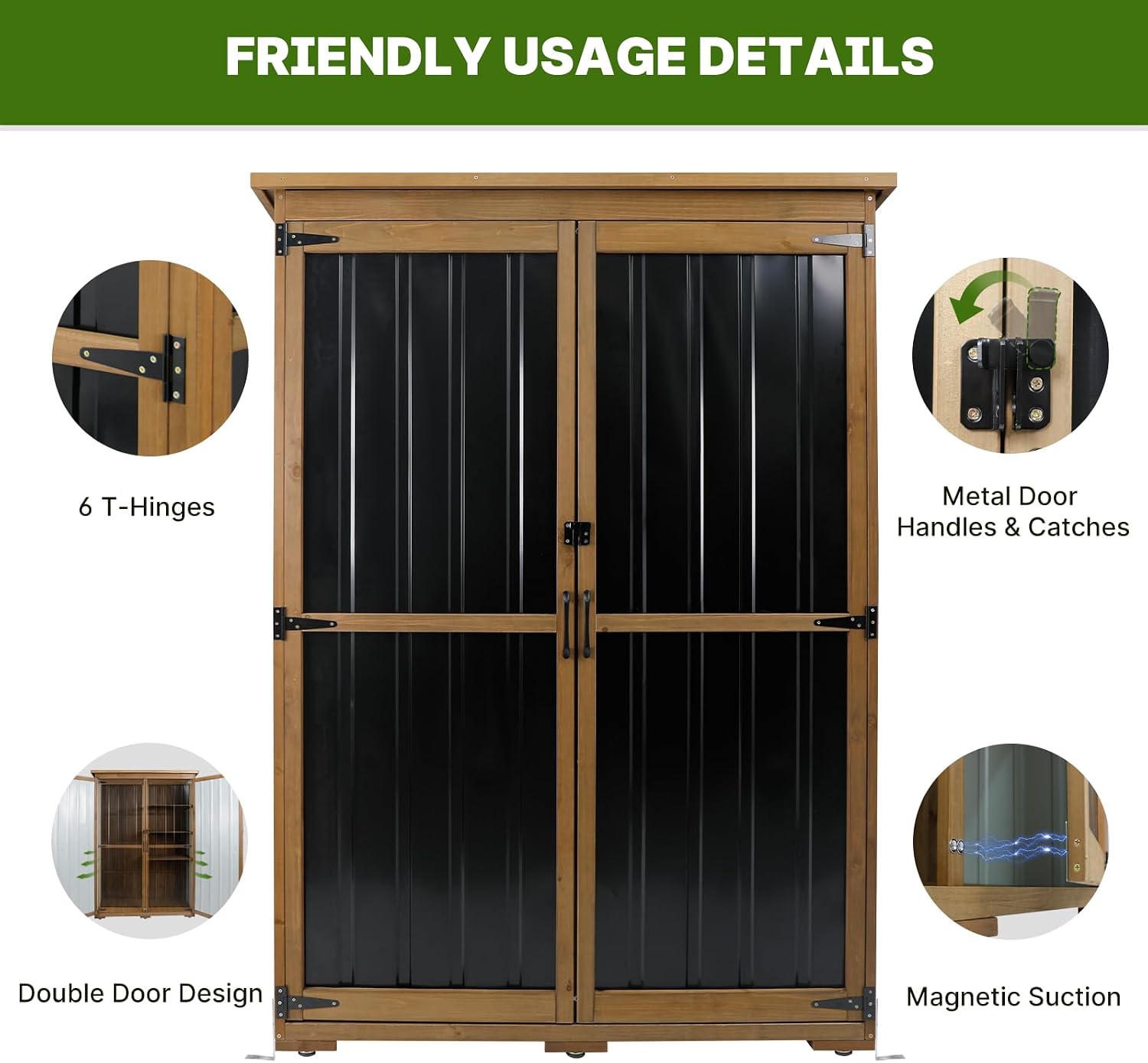 Outdoor Storage Cabinet Wood & Metal with Waterproof Roof, Garden Tool Shed with 4 adjustable reinforced feet with metal brackets, 3 Removable Shelves, 6 T-Hinge, Magnetic door,18.1'D x 49'W x 68.5'H