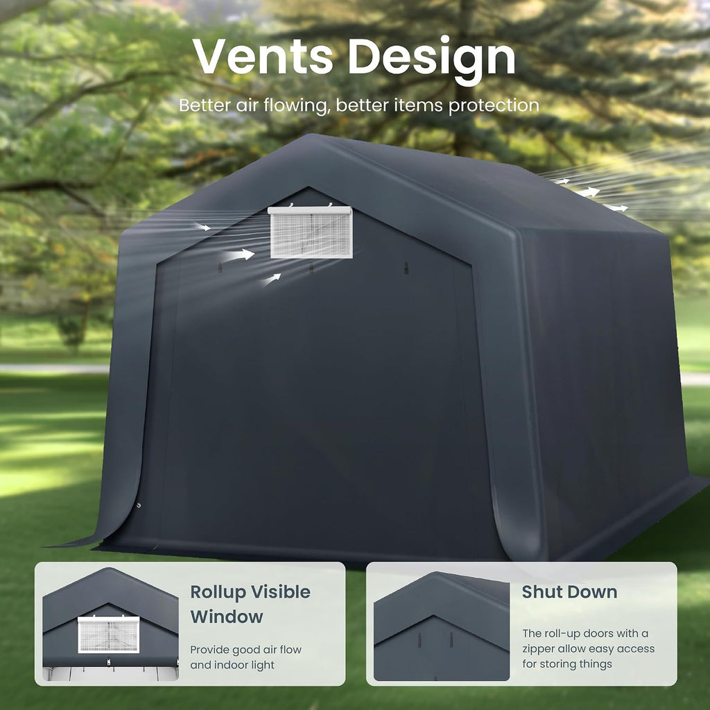 PHI VILLA 10X15ft Carport, Portable Carports Outdoor Storage Shelter Shed Garage Canopy with Roll up Zipper Doors & Vents Waterproof UV Resistant Garages Tent for Cars,Boats,Tools, Motorcycle, Gray