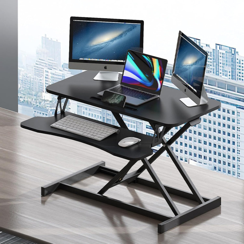 32' Height Adjustable Standing Desk Sit To Stand Converter with Wide Keyboard Tray for Home Office, Stand Up Desk Dual Monitor Riser Workstation with Spacious Tabletop for Laptops/Small Space (Black)
