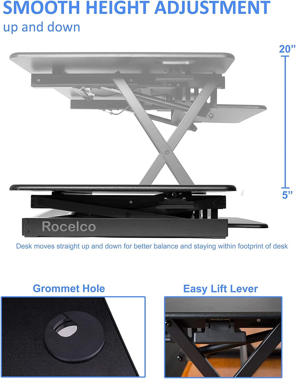 Rocelco 46' Large Height Adjustable Standing Desk Converter - Quick Sit Stand Up Triple Monitor Riser - Tall Gas Spring Assist Computer Workstation - Retractable Keyboard Tray - Black (R DADRB-46)