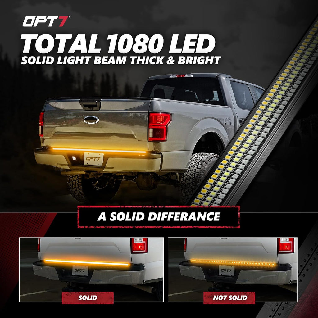 OPT7 Redline 60' Aluminum Truck Tailgate Light Bar w/Sequential Amber Turn - Weatherproof Rigid 1-Piece Triple Row LED Strip - Dynamic Taillight w/White Reverse - Fits F150, Silverado, Sierra, Ram
